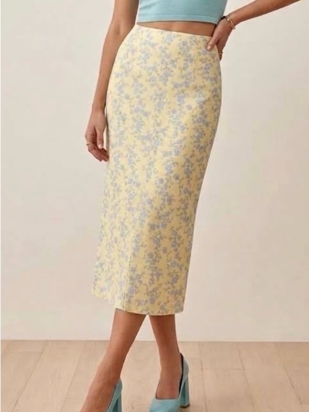 Light Yellow Floral Midi Skirt with Soft Blue Print